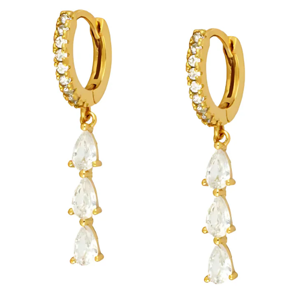 Gold hoop earrings with clear gemstones on a white background