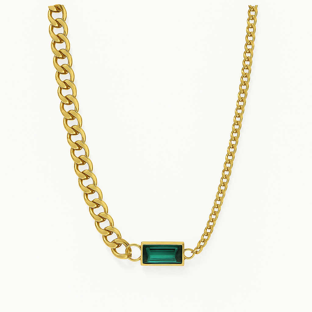 Gold chain necklace with a green gemstone on a white background