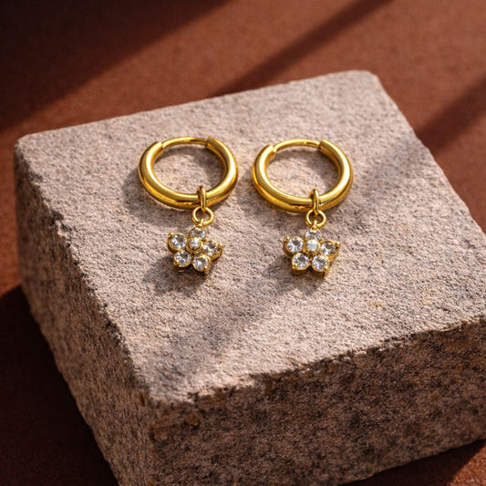Gold hoop earrings with paw print charms on a textured stone surface